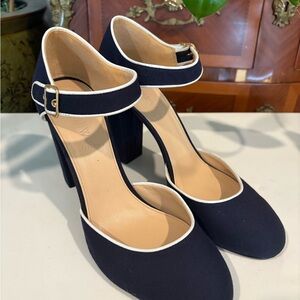 J.Crew Navy Canvas Block Heel Pumps with White Trim | Size 9 | Made in Italy